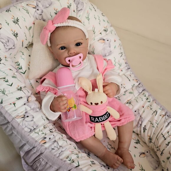 🆕18Inch Realistic Full Vinyl Body Newborn Girl Pink Overalls Bunny Accessory - Picture 2 of 5